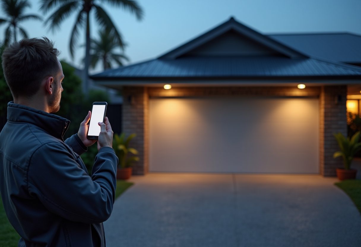Smart garage door opener installation at dusk — Bardon